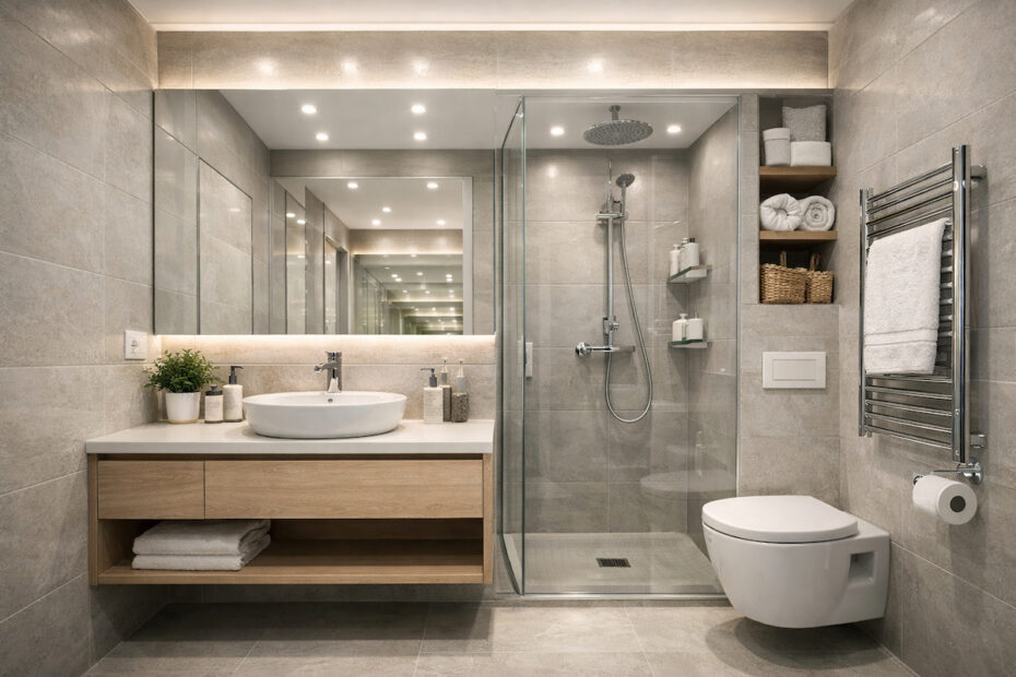 Uređeno malo kupatilo sa visećim nameštajem, velikim ogledalom i LED rasvetom koja vizuelno uvećava prostor