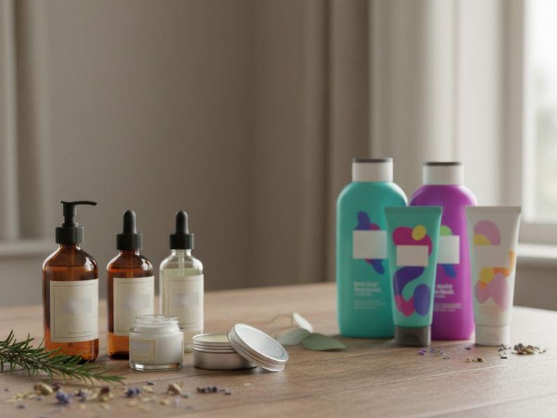 prikat prirodne i komercijalne kozmetike na drvenom stolu