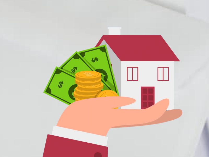 ilustrovani prikaz osobe koja drži kuću na dlanu i novac pored na beloj pozadini