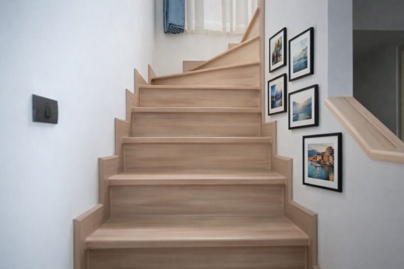 Drveno unutrašnje stepenište sa zidom predviđenim za galeriju fotografija i dekorativnih ramova