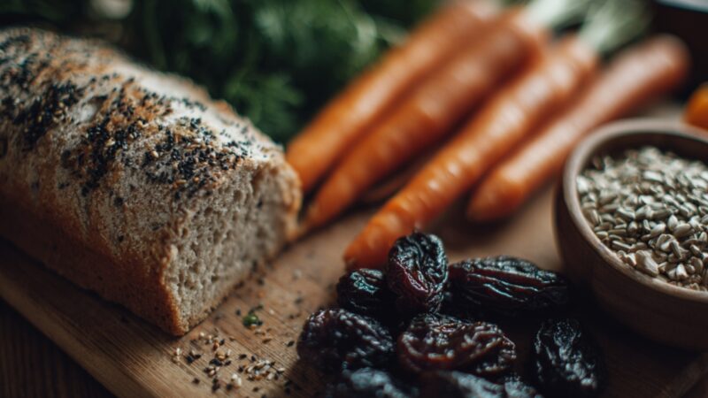 Integralni hleb, šargarepa, semenke i suve šljive na drvenoj površini