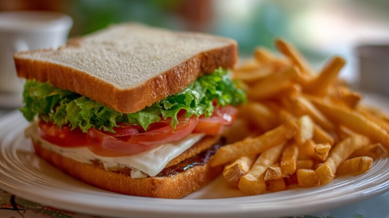 Sendvič od belog hleba sa pomfritom kao primer hrane koja može pogoršati hemoroide