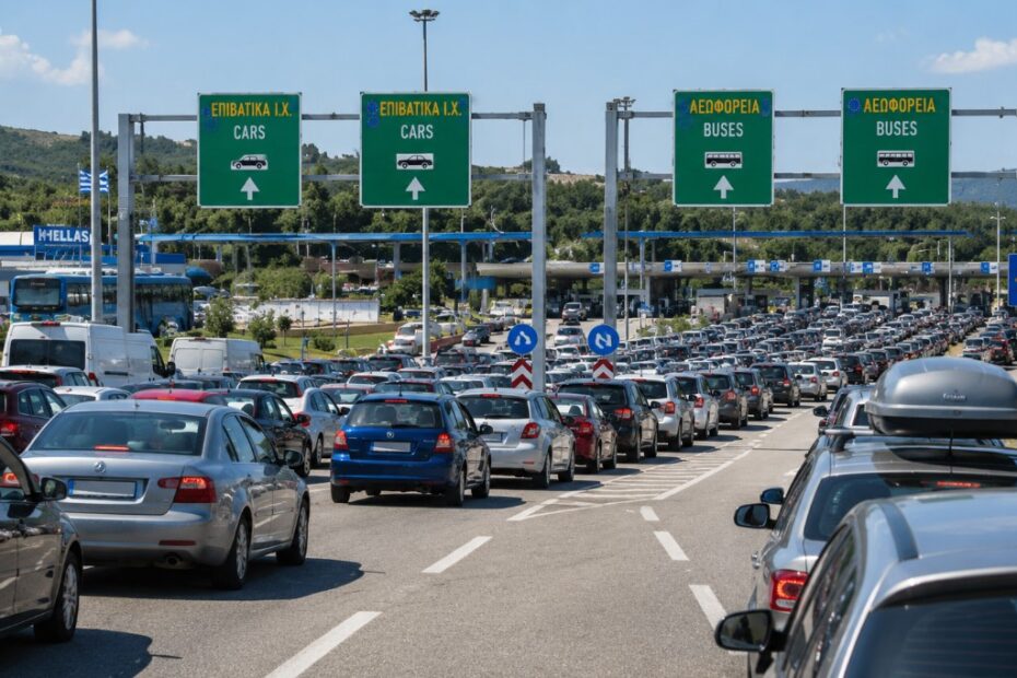 Duga kolona automobila na graničnom prelazu Bogorodica – Evzoni tokom letnje turističke sezone na putu ka Grčkoj.