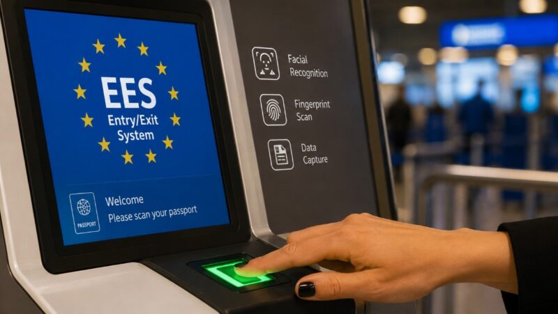 Ekran sa oznakom EES (Entry/Exit System) i zastavom Evropske unije tokom elektronske registracije putnika na spoljnoj granici Šengenskog prostora