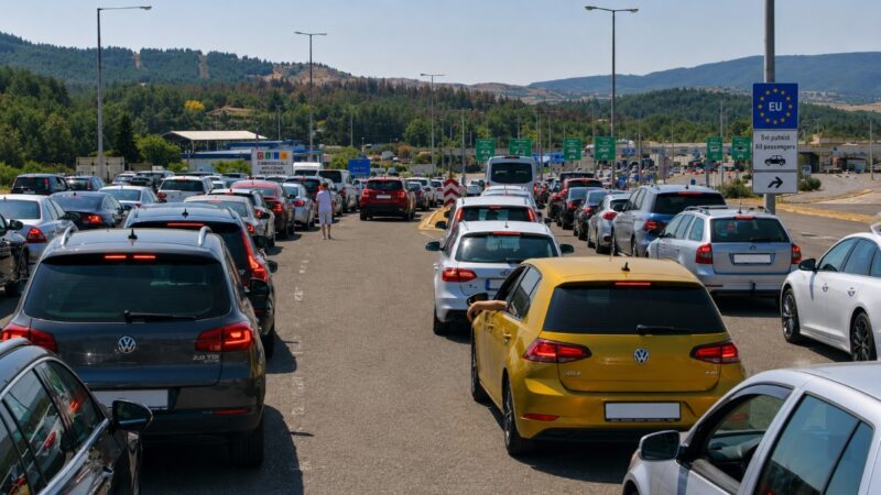 Duge kolone automobila na graničnom prelazu Evzoni između Grčke i Severne Makedonije tokom pojačanog vikend saobraćaja.