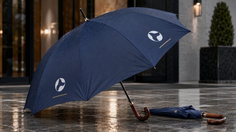 Otvoren i sklopljen plavi kišobran sa diskretno odštampanim logotipom kompanije.