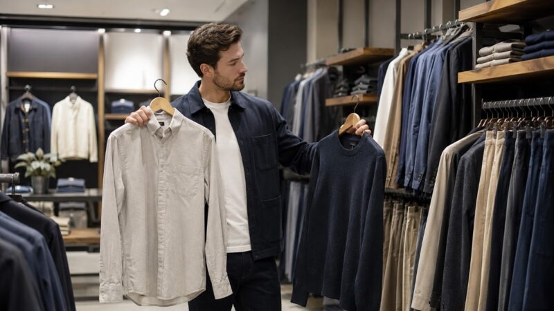 Muškarac u prodavnici bira između košulje i džempera dok oko njega stoje neutralni komadi muške garderobe.
