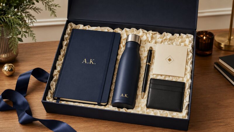 Personalizovani poslovni poklon-set sa rokovnikom, termo bocom, olovkom, novčanikom i čestitkom u elegantnoj kutiji.