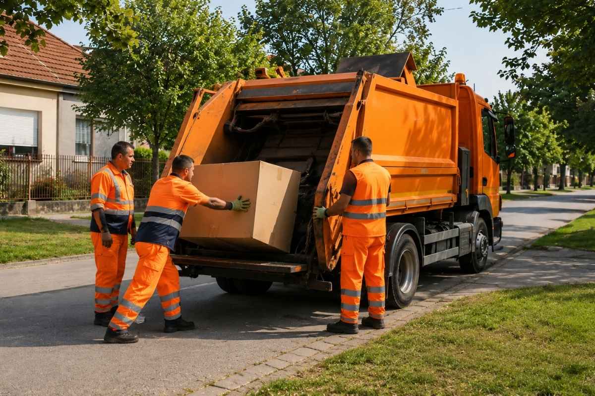 3 oosbe koje rade u gradskoj čistoći ubacuju kutiju sa smećem u kombi