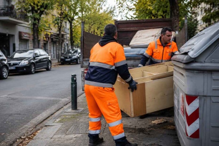 dve osobe koje rade u gradskoj čistoći bacaju otpad u kontejner