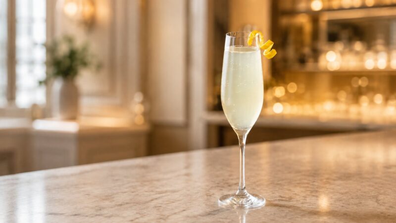 French 75 sa lavandom u uskoj čaši sa spiralnom dekoracijom od limunove kore