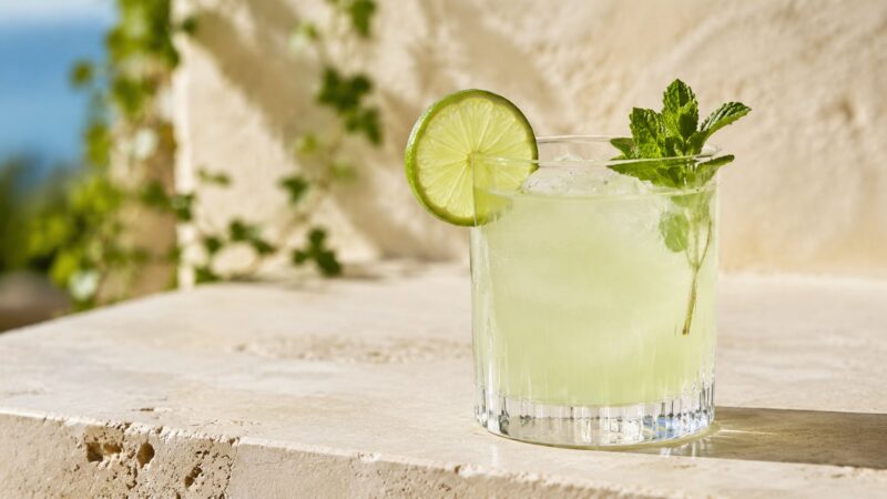 Svetlozeleni Gin Basil Smash koktel sa ledom, kriškom limete i svežim začinskim biljem