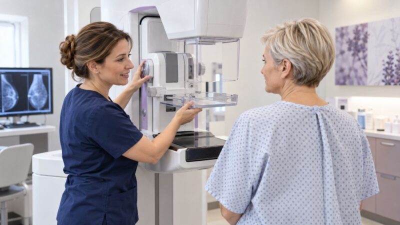 Žena na preventivnom mamografskom pregledu dojki uz pomoć medicinske tehničarke.