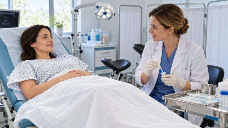 Žena na ginekološkom pregledu dok lekarka priprema bris i posudu za uzorak za Papa ili HPV test.