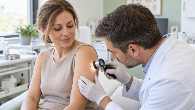 Dermatolog dermatoskopom pregleda mladež na leđima pacijentkinje.